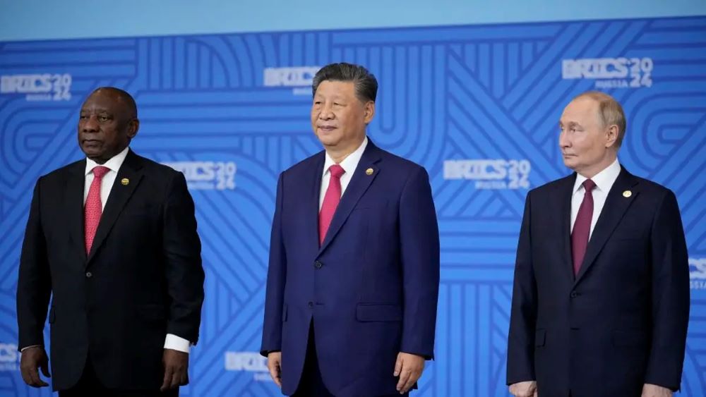 South African President Cyril Ramaphosa (L), Chinese President Xi Jinping and Russian President Vladimir Putin during the BRICS summit on Oct. 23, 2024.