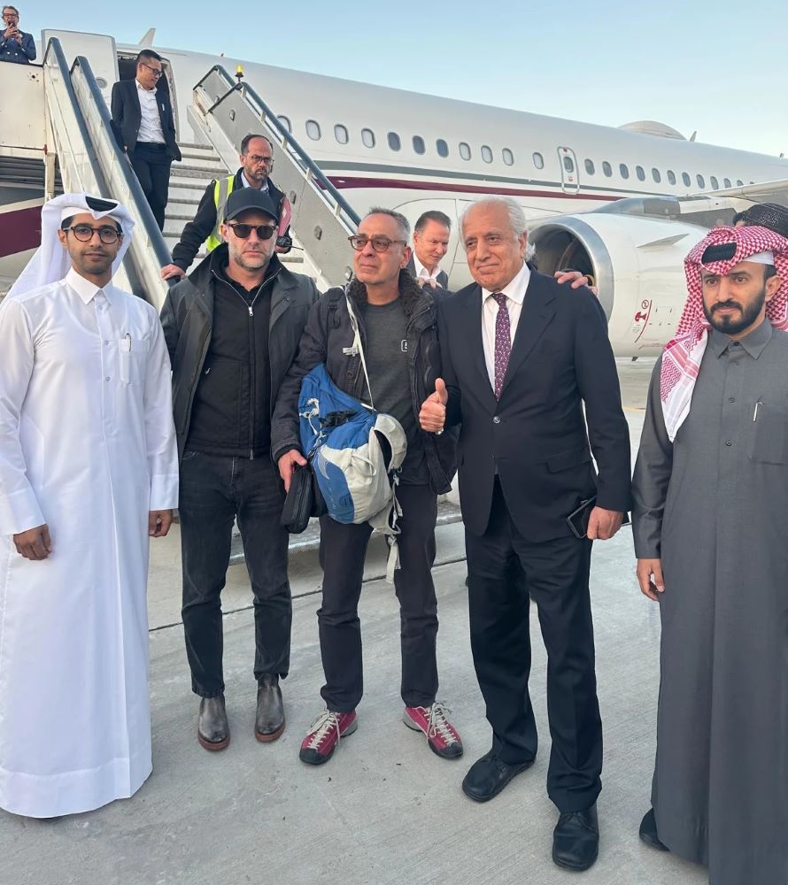 George Glezmann (center) flanked by Boehler (left) and Khalilzad (right) in Kabul, Afghanistan, before departing to Doha, Qatar.