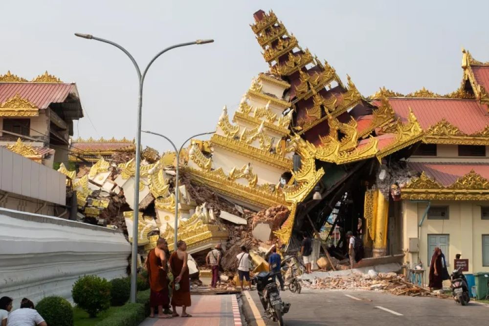 The collapsed Maha Myat Muni Buddhist pagoda following an earthquake in Mandalay, Myanmar.