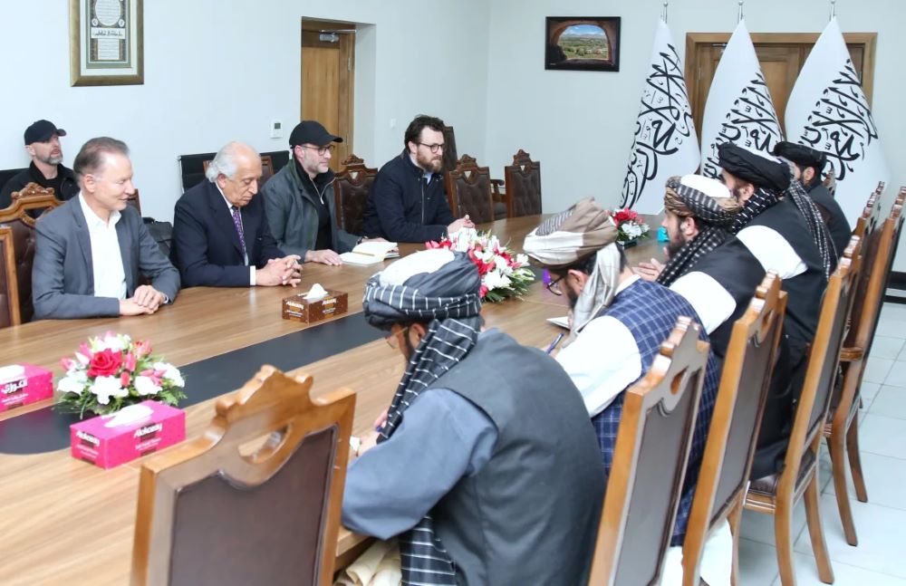 US hostage envoy Adam Boehler (fourth from left) and former US Ambassador to Afghanistan Zalmay Khalilzad (third from left) meeting with Taliban officials.