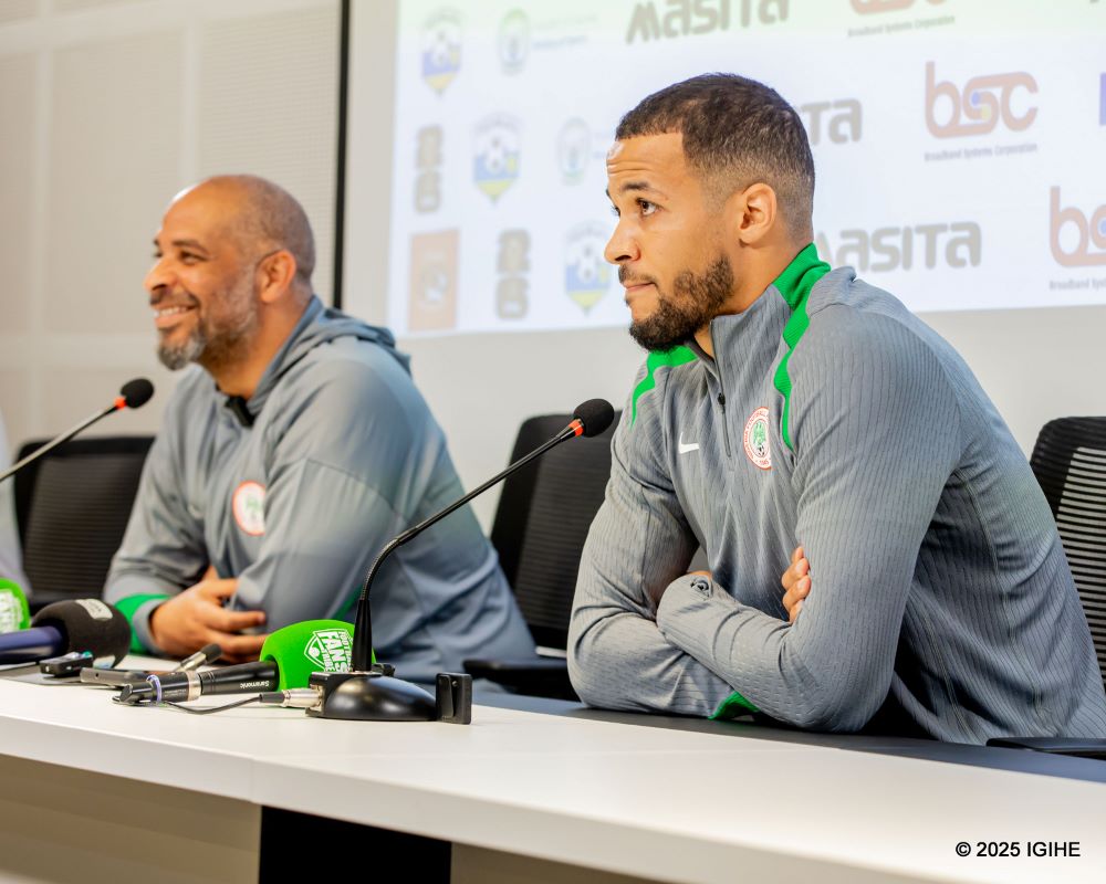 Nigeri’s Caoch, Eric Chelle and Captain, William Troost-Ekong at the pre match press conference.