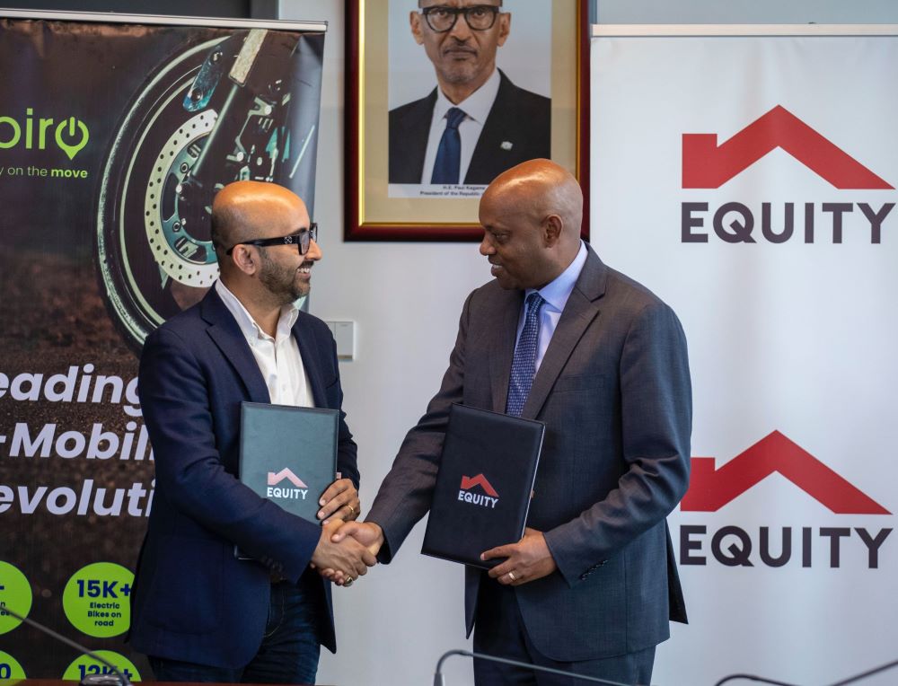 Kaushik Burman, Spiro’s Chief Executive Officer and CEO of Equity Bank Rwanda, Hannington Namara after the signing of the MoU.