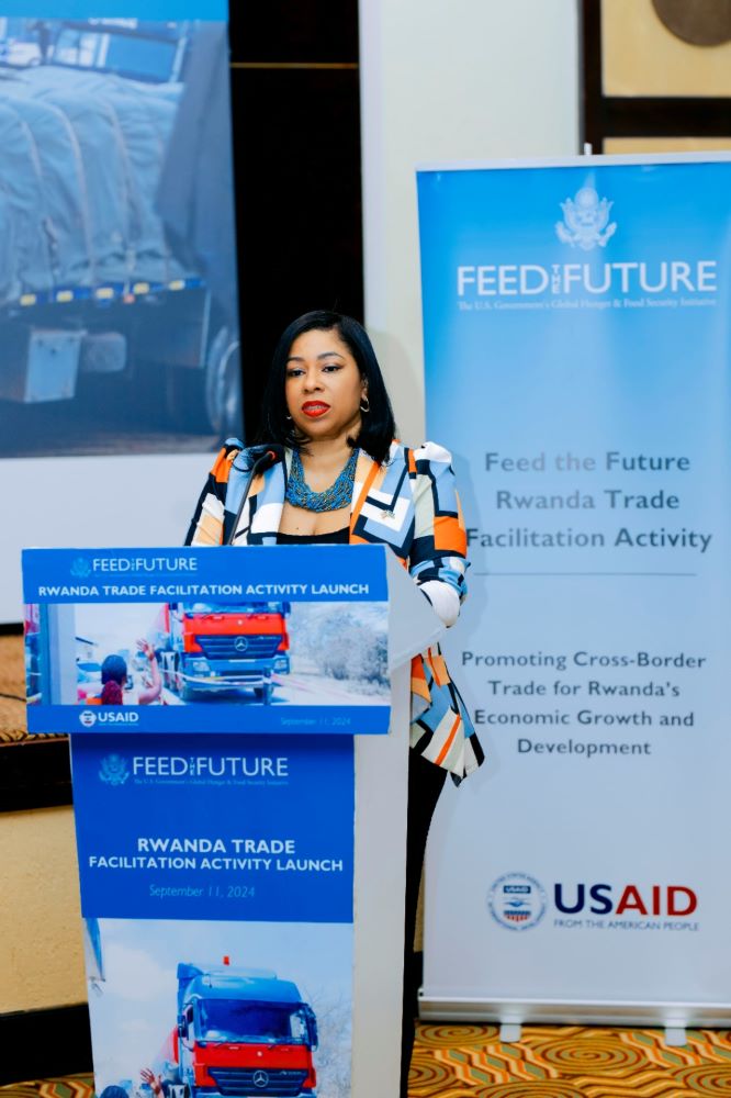 Mrs. Keisha L. Effiom, USAID Mission Director for Rwanda and Burundi speaking at the launch of Boneza Ubucuruzi