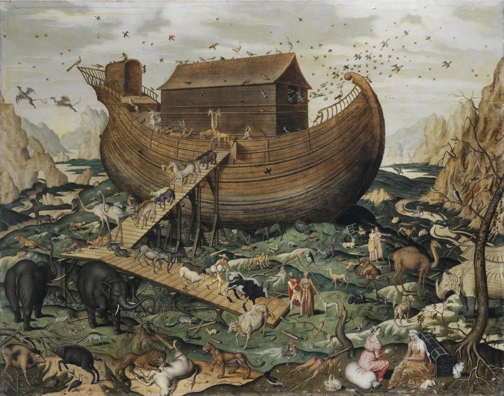 An artist's impression of what Noah's ark may have looked like with two of every animal getting on board