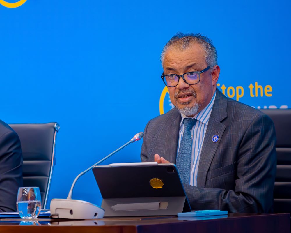 WHO Director General Dr. Tedros Adhanom Ghebreyesus speaking to the press in Kigali