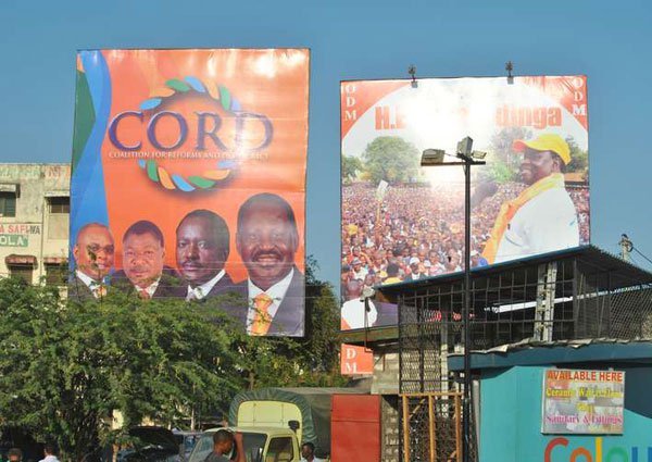 Portraits of Cord leaders Raila Odinga, Kalonzo Musyoka, Moses Wetang'ula and Kilifi Governor Amason Kingi in Malindi town. In the 2013 General Election, Orange Democratic Movement, which is in the Cord coalition, had an income of Sh244.6 million and is silent on any funding received from well-wishers.