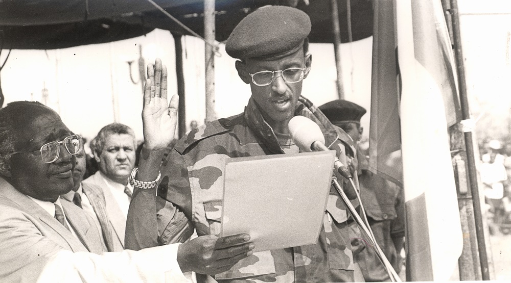 Maj Gen Paul Kagame taking oath as Rwanda’s Minister of Defence after the Liberation Struggle. 