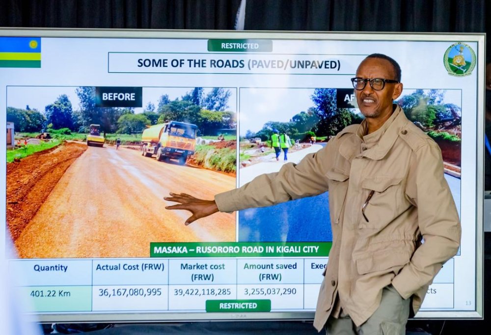Here, President Kagame was being briefed on other projects constructed by the Rwandan Defense Forces.