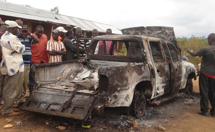 The burnt-out vehicle belonging to Department of Defence employee Elkana Syong’oh, who was killed by a mob in Migori after being mistaken for a cattle rustler. He was lynched alongside his driver and farmhand on August 13, 2013.