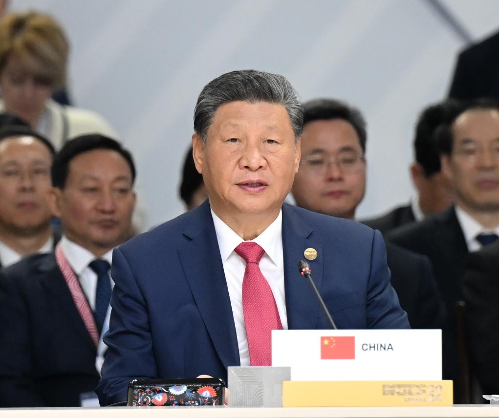 Chinese President Xi Jinping addresses the 16th BRICS Summit in Kazan, Russia, Oct. 23, 2024.