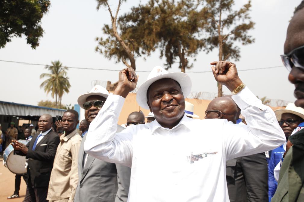 Incumbent President Faustin-Archange Touadera greets the public after the announcement of the presidential election final results in Bangui, Central African Republic, Jan. 19, 2026.