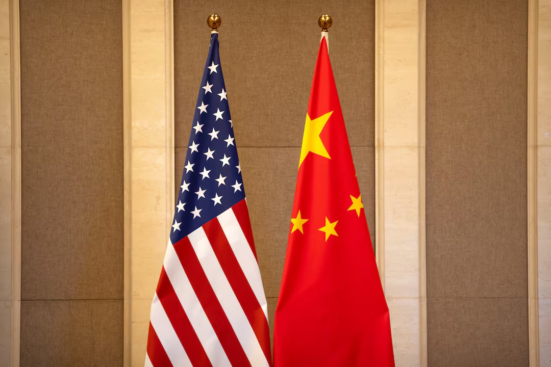 United States and Chinese flags are set up before a meeting in Beijing, China, Saturday, July 8, 2023. Chinese Vice Premier He Lifeng is set to meet with U.S. Treasury Secretary Scott Bessent and Trade Representative Jamieson Greer in Kuala Lumpur, Malaysia, from Friday, October 24 to Sunday, October 27, in a significant diplomatic development.