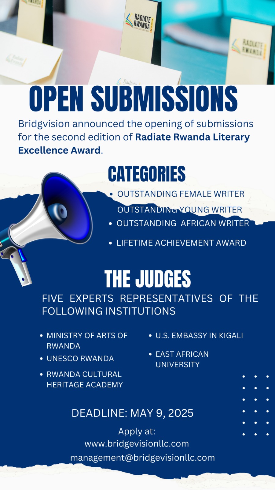 Eligible authors and stakeholders in the book industry are encouraged to submit their works before the deadline of May 9, 2025, at 6:00 pm (Central Africa Time).