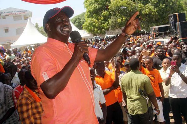 Cord leader Raila Odinga address a voter registration campaign rally in Mtwapa on January 24, 2017.