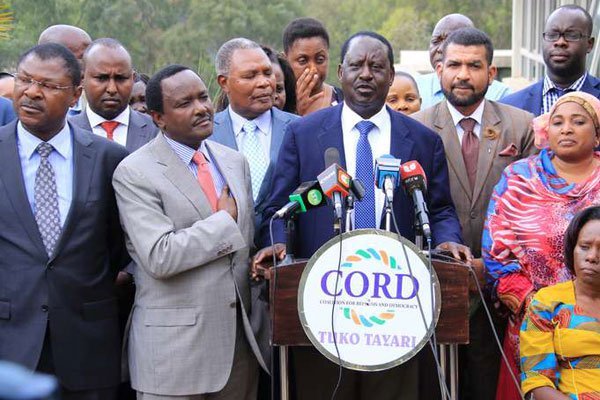 Raila Odinga leads other members of Cord in addressing journalists at Capitol Hill Towers in Nairobi on December 22, 2016.