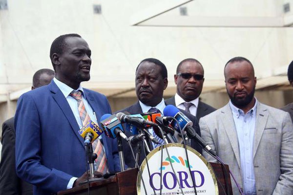 Cord leader Raila Odinga and Turkana Governor Josephat Nanok (left) during a press briefing at Capitol Hill, Nairobi, on November 301, 2016. With them are: Mombasa Governor Hassan Joho (right) and his Nairobi counterpart Evans Kidero.