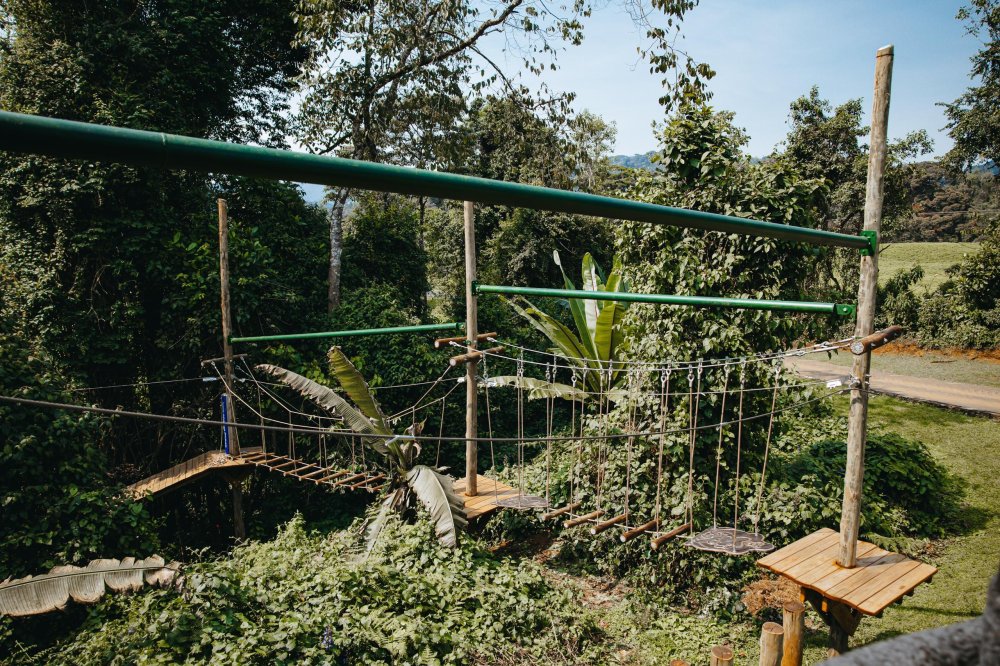The rope course presents a physically demanding challenge for anyone navigating it.