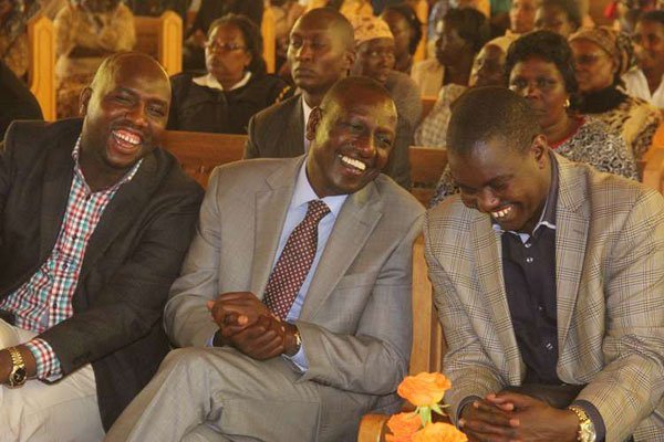Elgeyo-Marakwet Senator Kipchumba Murkomen (left), Deputy President William Ruto and Uasin Gishu Governor Jackson Mandago at the Africa Inland Church Pioneer, Eldoret Town, on April 3, 2016.