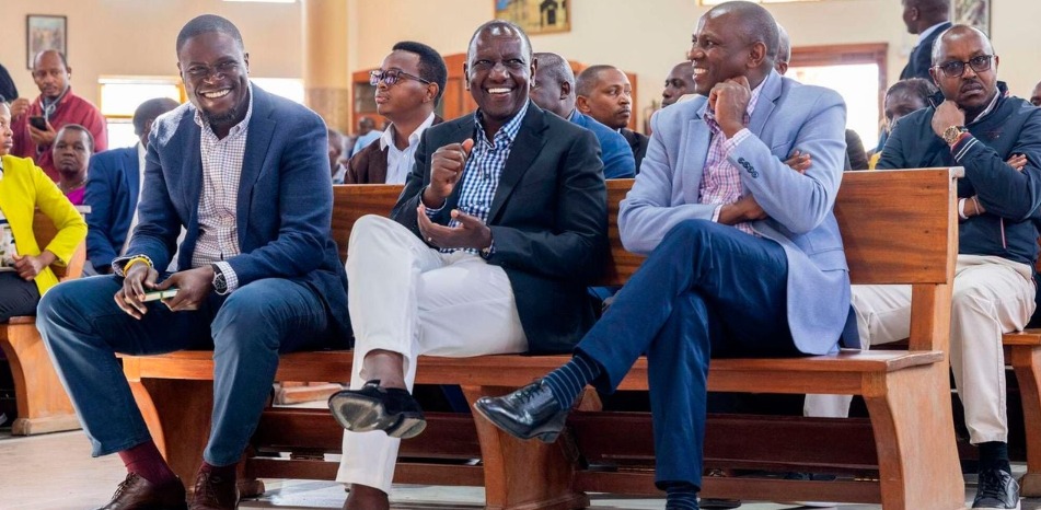 President William Ruto with Nairobi Governor Johnson Sakaja and National Assembly majority leader Kimani Ichungwa at Soweto Catholic Church on November, 17, 2024.