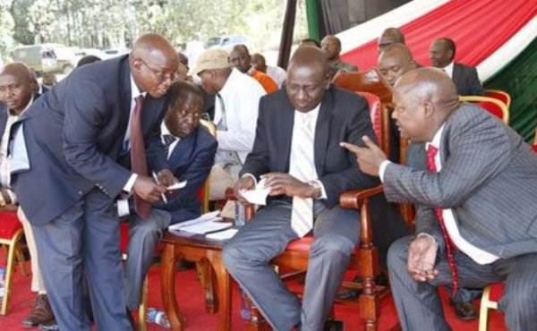 DP William Ruto with Baringo leaders — Governor Benjamin Cheboi (second left), MP William Cheptumo (left) and MP Asman Kamama (right) at his Sugoi home in Uasin Gishu County on December 28, 2016.