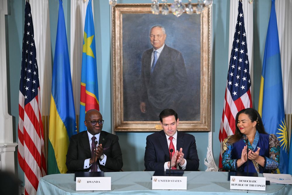 The Democratic Republic of the Congo (DRC) and the Republic of Rwanda signed a peace agreement on Friday, June 27, in Washington, D.C. Rwanda and the DRC were represented by their respective Foreign Ministers, Amb. Olivier Nduhungirehe and Thérèse Kayikwamba Wagner at a signing ceremony witnessed by U.S. Secretary of State, Marco Rubio. Photo by AP