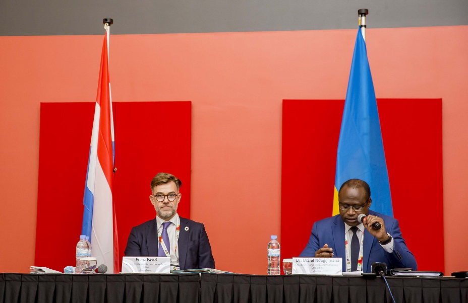 The bilateral cooperation agreement has been signed by the Minister of Finance and Economic Planning, Dr. Uzziel Ndagijimana (right) and Franz Fayot, the Minister of Development Cooperation and Humanitarian Affairs, Grand Duchy of Luxembourg (left).  