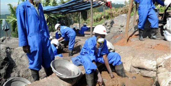 Miners at work in Rwanda. Rwanda is the world’s largest producer of tantalum, accounting for over one-third of the mineral traded on the international market. 