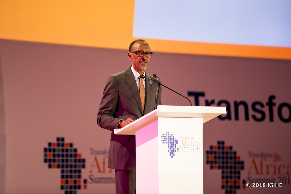 Kagame speaks while officiating at the Transform Africa Summit 2018 Opening Ceremony.