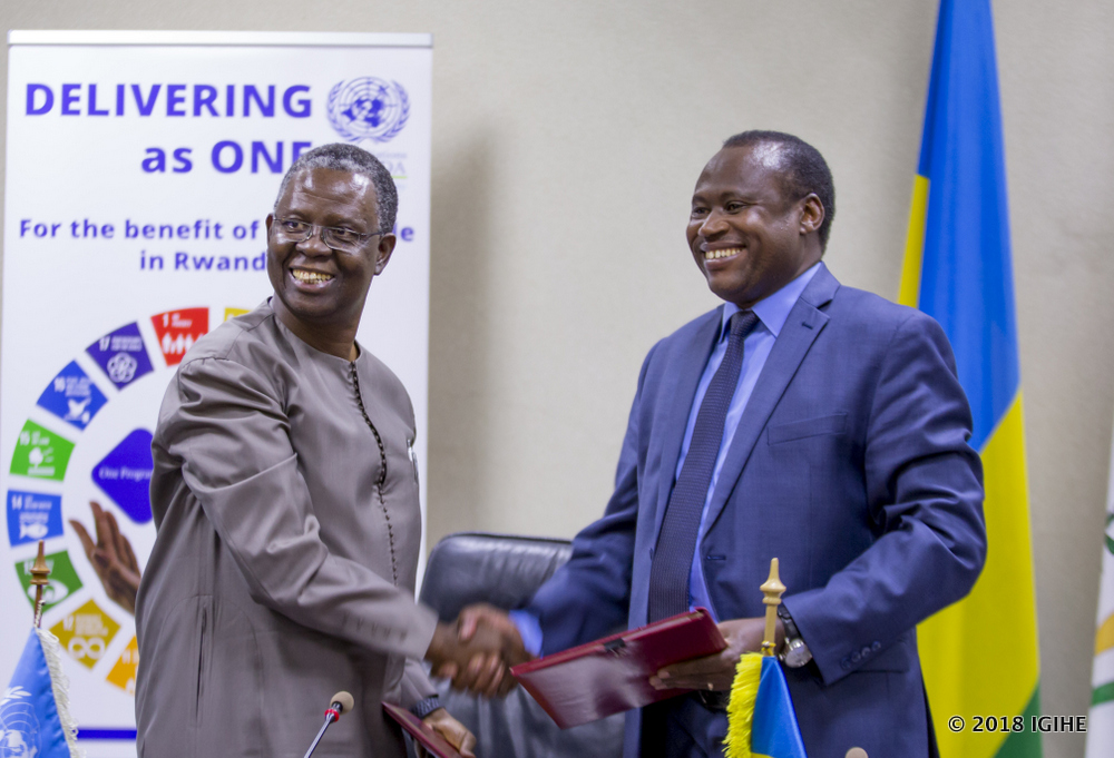 The agreement was signed between the Minister of Finance and Economic Planning, Dr. Uzziel Ndagijimana (Right) and One UN Rwanda country coordinator, Fodé Ndiaye