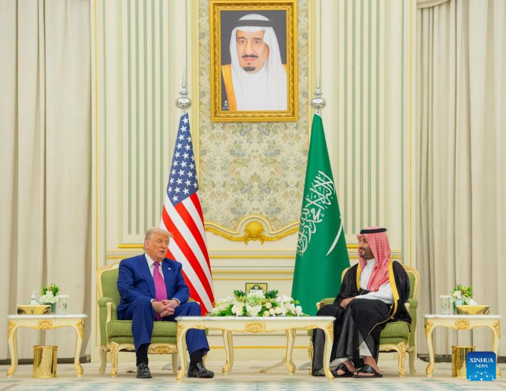 Saudi Crown Prince and Prime Minister Mohammed bin Salman Al Saud (R) meets with visiting U.S. President Donald Trump in Riyadh, Saudi Arabia, on May 13, 2025. (Saudi Press Agency/Handout via Xinhua)