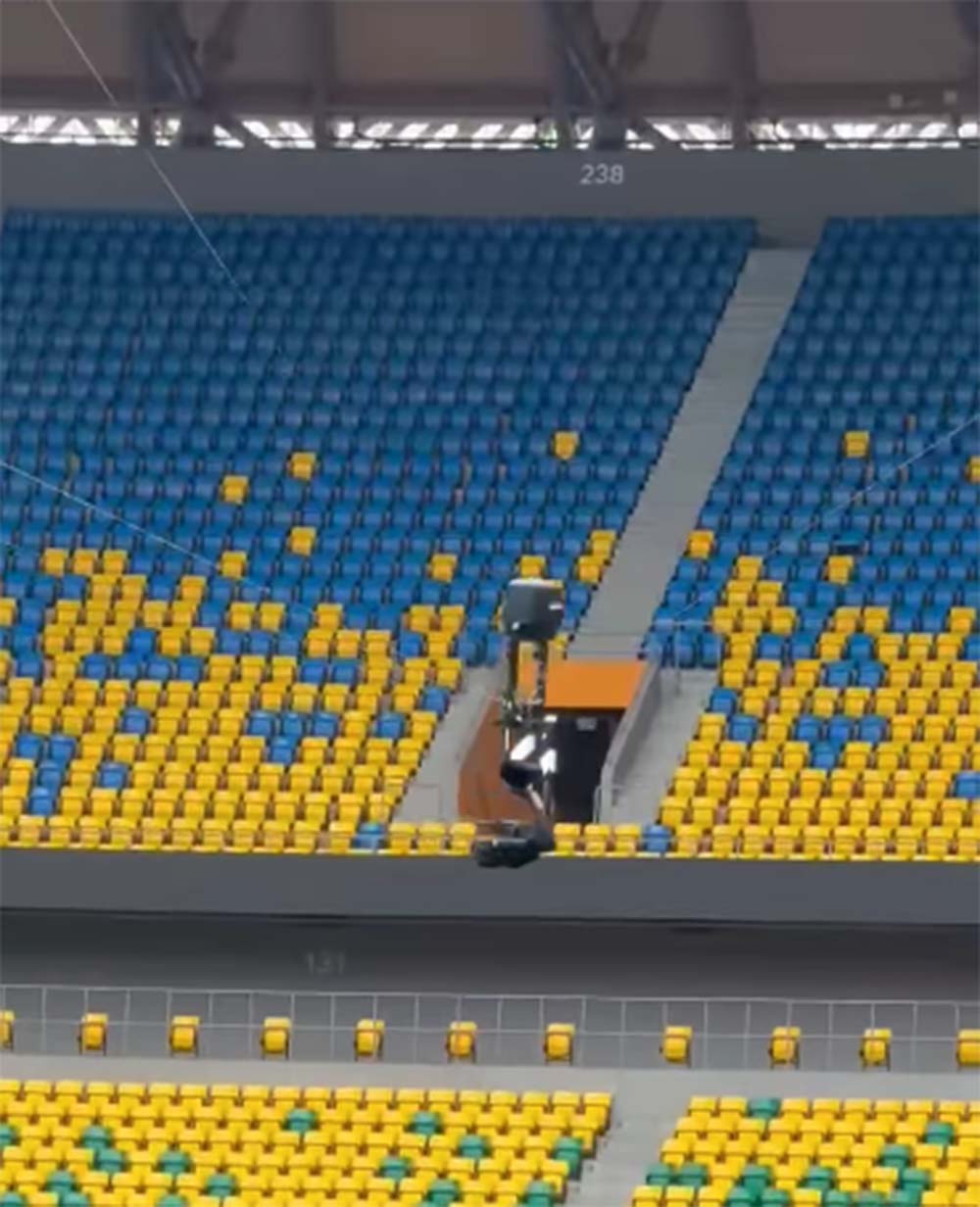 A common feature in European football stadiums, the Spidercam is a cable-suspended camera system that moves fluidly above the pitch, capturing dynamic angles and delivering an immersive broadcast experience.