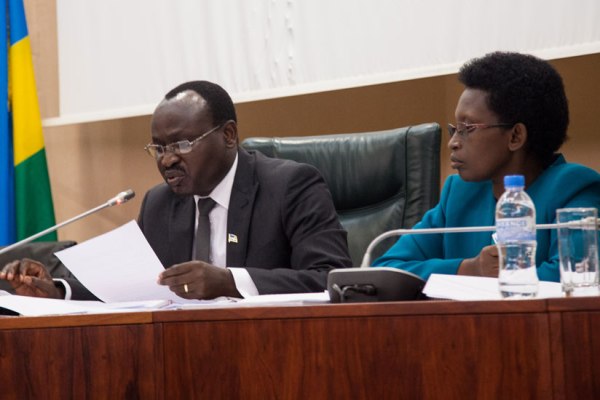 Chairman of the Constitutional Review Commission Senate Jean Nepomuscene Sindikubwabo and his deputy ,Gertrude Kazarwa, during the discussion yesterday.