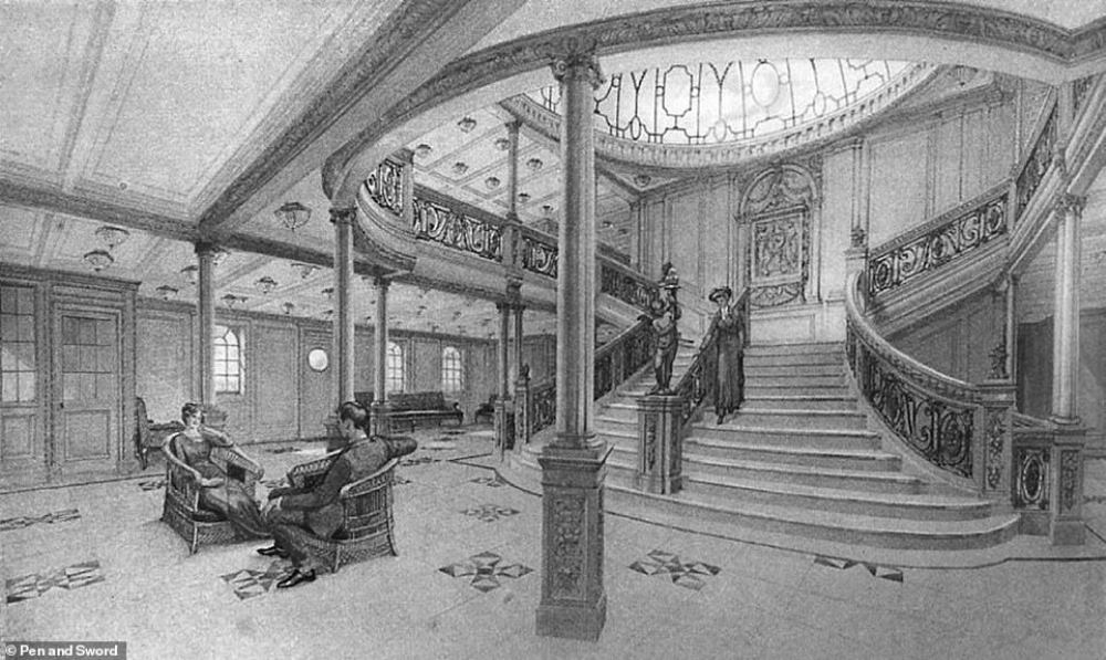The ship's main feature was the Grand Staircase. It was built from English solid oak, and enhanced with wrought iron. The decorated glass domes above were designed to let in as much natural light as possible.
