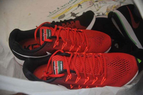 Some of the shoes meant to be used in the Rio 2016 Olympics recovered from Olympics deputy chef de mission Ben Ekumbo's house at Duplex Apartment, along Prof Saitoti Avenue, on November 21, 2016.