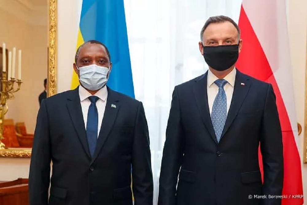 Prof. Shyaka with the President of Poland after presenting letters of credence.  