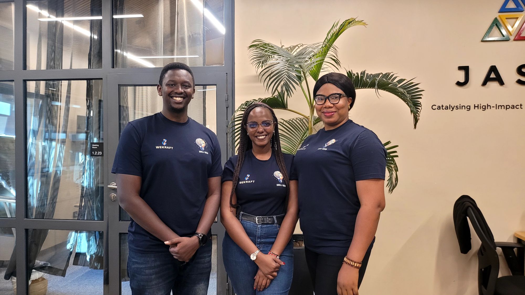 From left: Wekraft co-founders Staphord Nkumbuye and Agnes Wambui, with Chief Technology Officer Juliet Kelechi, at Norrsken Hub in Kigali, a space for entrepreneurs.