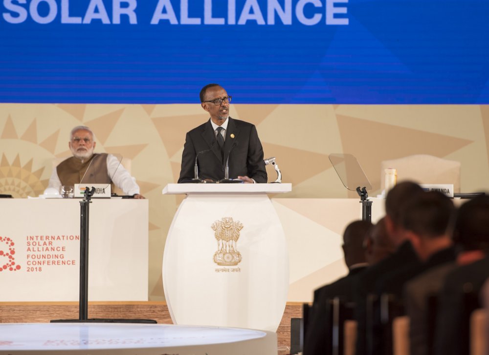 Kagame speaks delivers his remarks in the International Solar Alliance (ISA) Founding Summit