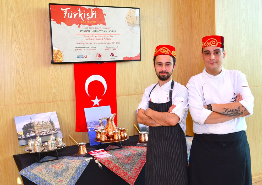 Samet Yildiz (left) and Ismail Keklikci, Chefs from Istanbul Marriott Sisli, are in Kigali to deliver authentic Turkish dishes to festival goers