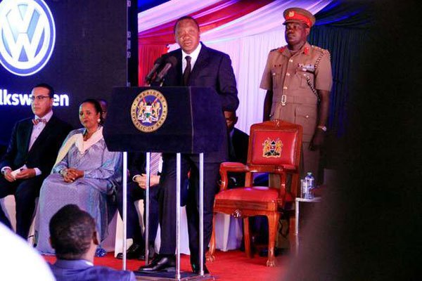 President Uhuru Kenyatta at the official opening of the German manufacturer Volkswagen's production line at Kenya Vehicle Manufactures in Thika, Kiambu on December 21, 2016.