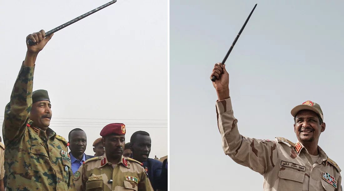 Gen. Abdel Fattah Burhan (left), the head of Sudan's ruling military council, greets supporters near the capital Khartoum in 2019. Sudanese paramilitary commander Gen. Mohammed Dagalo, widely known as Hemedti, is shown on the right. The generals have been fighting for control of Sudan leaving millions displaced and thousands dead.