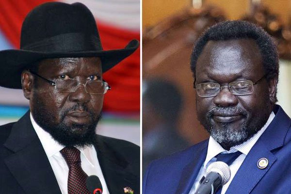 A combination of file pictures made on February 1, 2014 shows South Sudan President Salva Kiir (left) on June 2, 2014 in Juba and leader of South Sudan's largest rebel group and former vice-president Riek Machar (right) on May 9, 2014 in Addis Ababa. 
