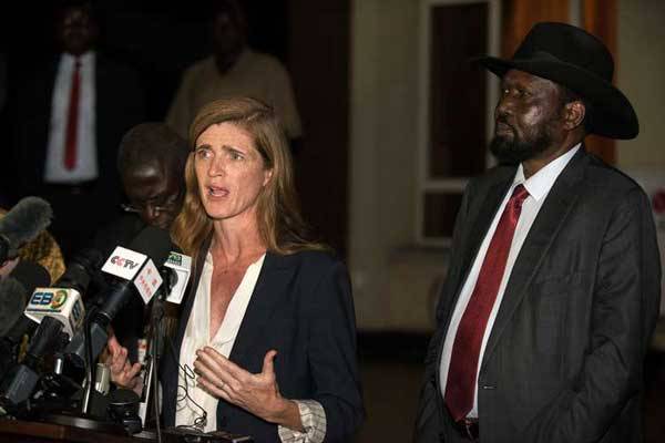 US Ambassador to the UN Samantha Power speaks during a joint press conference with South Sudan's President Salva Kiir, on September 4, 2016 in Juba. She has strongly criticised South Sudan's government for its reported harassment and intimidation of independent activists.