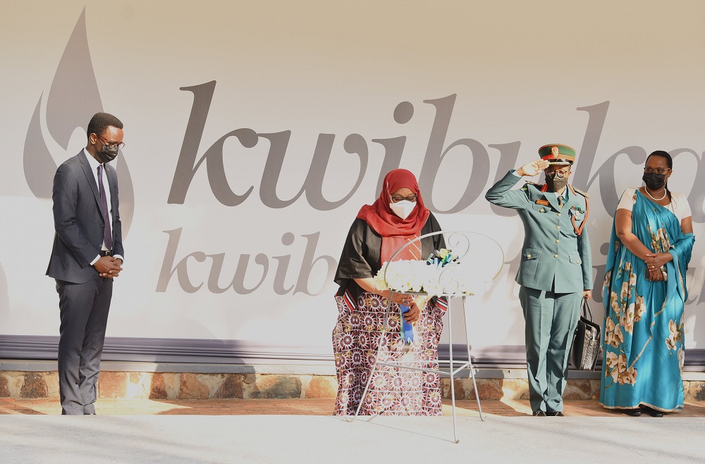 The President of Tanzania, Samia Suluhu Hassan paying tribute to Genocide victims at Kigali memorial.