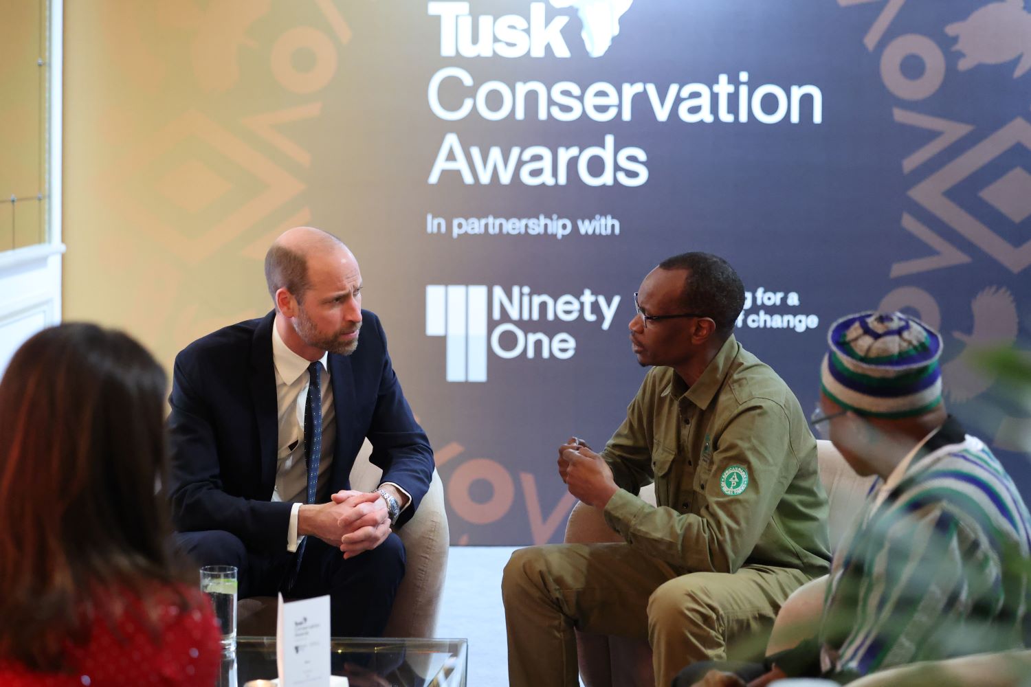 Claver Ntoyinkima chats with Prince William during the Tusk Conservation Awards ceremony in London on the night of Wednesday, November 27, 2024.