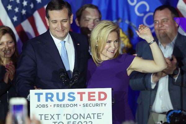 Republican presidential candidate Sen. Ted Cruz celebrates with his wife Heidi at the American Serb Hall Banquet Center after the polls closed on April 5, 2016 in Milwaukee, Wisconsin.
