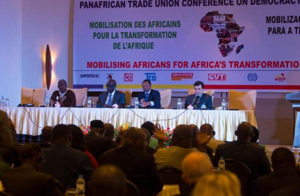 (L-R): Mr.Kwasi Adu-Amankwah, Secretary General of the African Regional Organisation of the International Trade Union Confederation, Johnston Busingye, Justice minister, Prof Anastase Shyaka, Rwanda Governance Board, CEO, and Arezki Mezhoud, the Secretary General of the Organisation of African Trade Union at the meeting in Kigali yesterday.