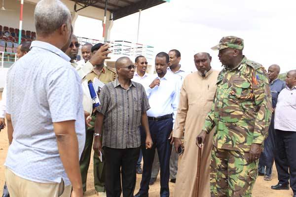 Mandera County officials on May 18, 2016 inspecting the venue of President Kenyatta’s Thursday meeting. The President and his deputy are on their first tour of the northern Kenya counties of Mandera, Garissa and Wajir since the Jubilee administration came to power in 2013.