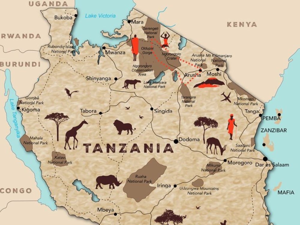 Tanzania covers 945,087 square kilometers with the population of around 68 million.