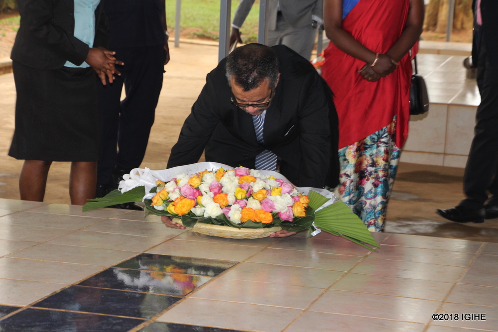 The World Health Organisation (WHO) Director General, Dr. Tedros Adhanom Ghebreyesus lays a wreath to the mass graves at Nyamata Genocide memorial