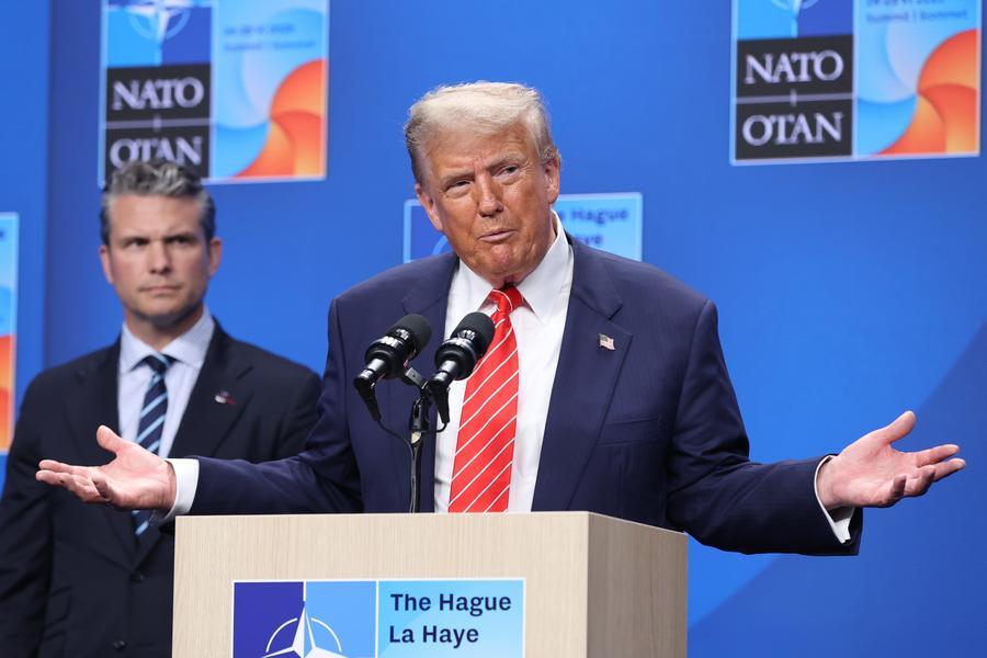 U.S. President Donald Trump (Front) attends a press conference following the NATO summit in The Hague, the Netherlands, on June 25, 2025.